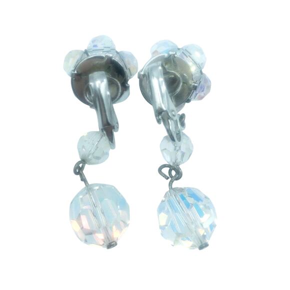 Vintage Aurora Borealis Clear Beaded Dangle Clip-On Earrings Faceted 1.75" - Picture 11 of 12